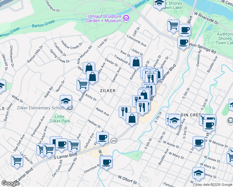 map of restaurants, bars, coffee shops, grocery stores, and more near 1405 Oxford Avenue in Austin