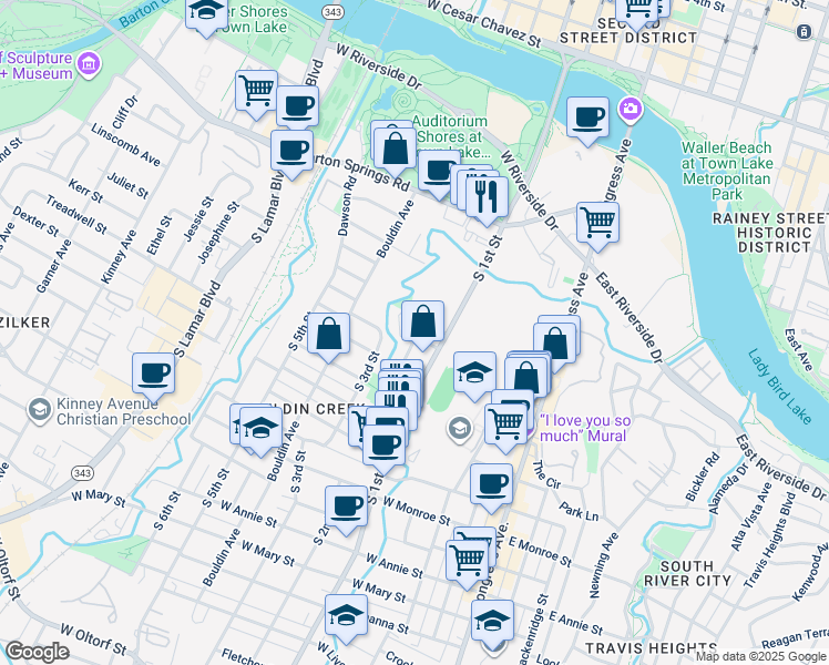 map of restaurants, bars, coffee shops, grocery stores, and more near 900 South 2nd Street in Austin
