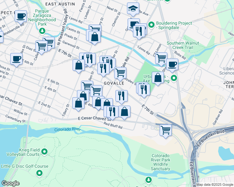 map of restaurants, bars, coffee shops, grocery stores, and more near 4711 East 7th Street in Austin