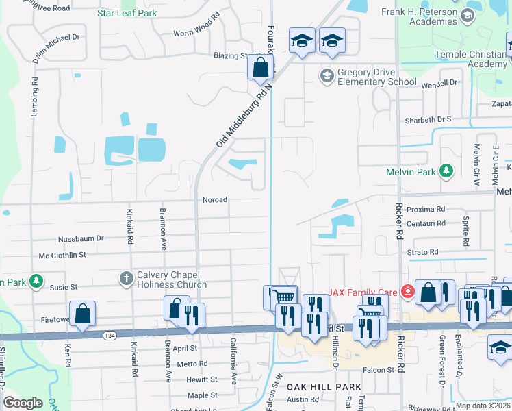 map of restaurants, bars, coffee shops, grocery stores, and more near 8004 Noroad in Jacksonville