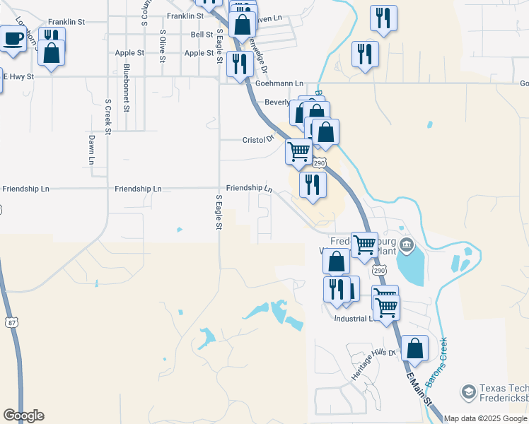 map of restaurants, bars, coffee shops, grocery stores, and more near 1015 Friendship Lane in Fredericksburg