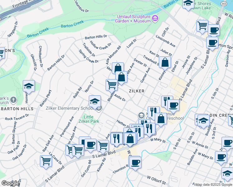 map of restaurants, bars, coffee shops, grocery stores, and more near 1908 Anita Drive in Austin
