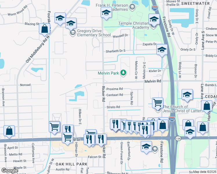 map of restaurants, bars, coffee shops, grocery stores, and more near 7560 Melvin Road in Jacksonville