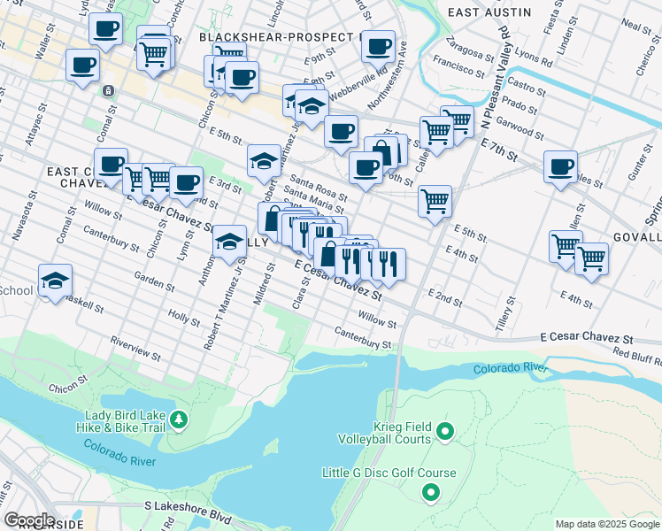 map of restaurants, bars, coffee shops, grocery stores, and more near 2505 East 2nd Street in Austin