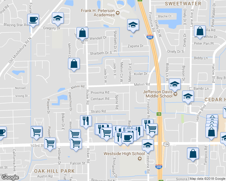 map of restaurants, bars, coffee shops, grocery stores, and more near 7421 Proxima Road in Jacksonville