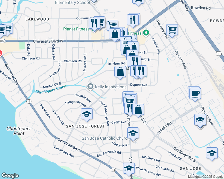 map of restaurants, bars, coffee shops, grocery stores, and more near 2920 Dupont Avenue in Jacksonville
