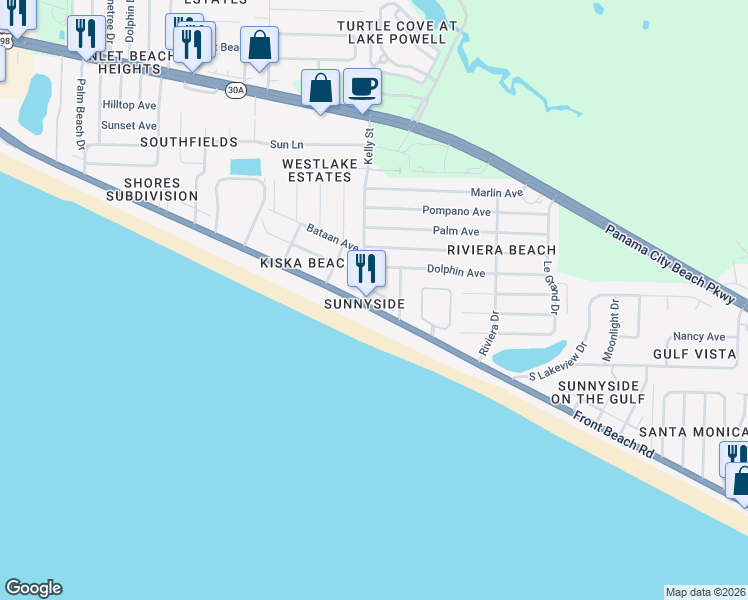 map of restaurants, bars, coffee shops, grocery stores, and more near 21826 Front Beach Road in Panama City Beach