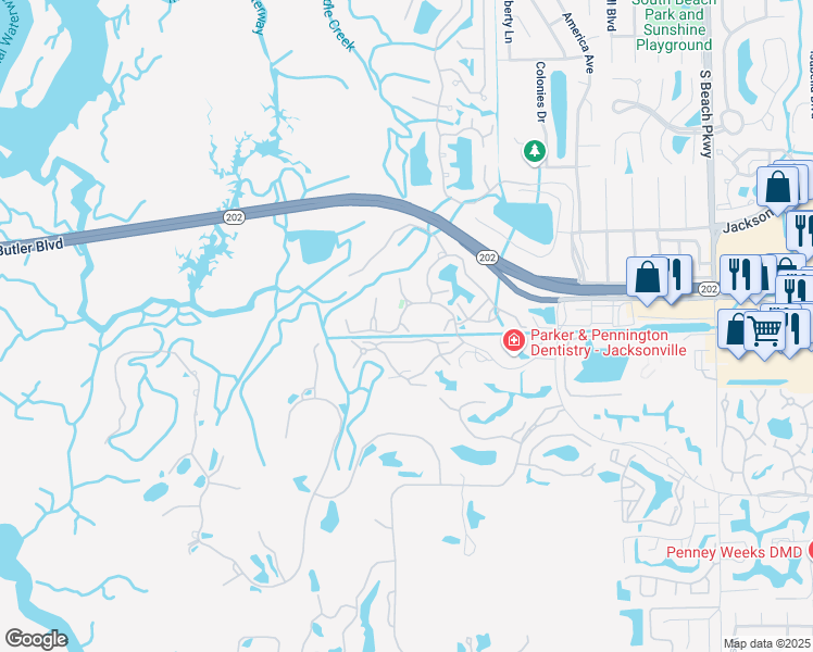 map of restaurants, bars, coffee shops, grocery stores, and more near 1701 The Greens Way in Jacksonville Beach