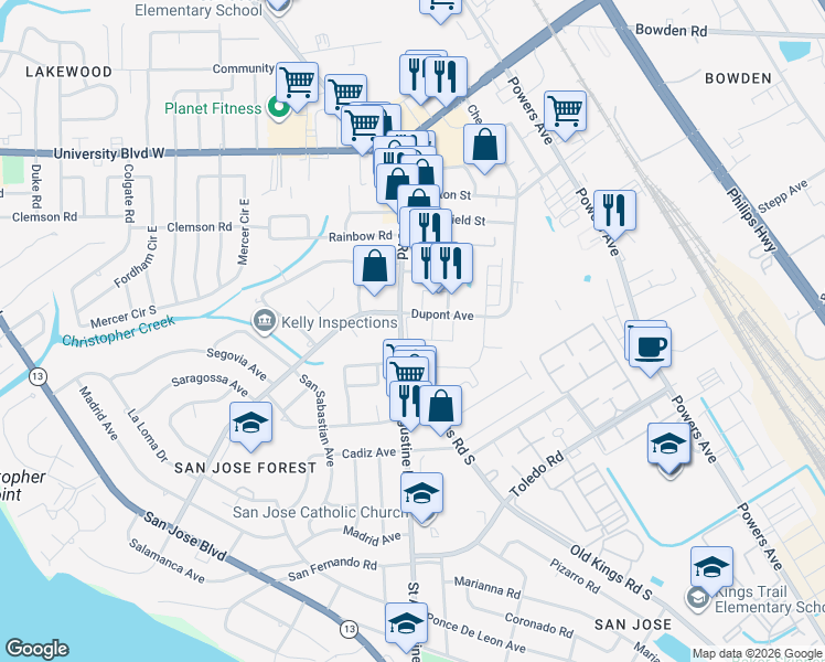 map of restaurants, bars, coffee shops, grocery stores, and more near 6701 Saint Augustine Road in Jacksonville
