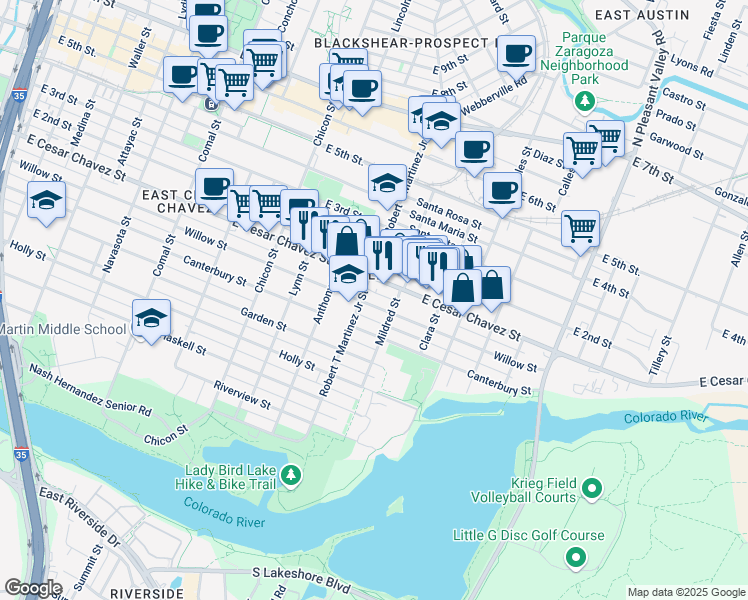map of restaurants, bars, coffee shops, grocery stores, and more near 2204 Willow Street in Austin