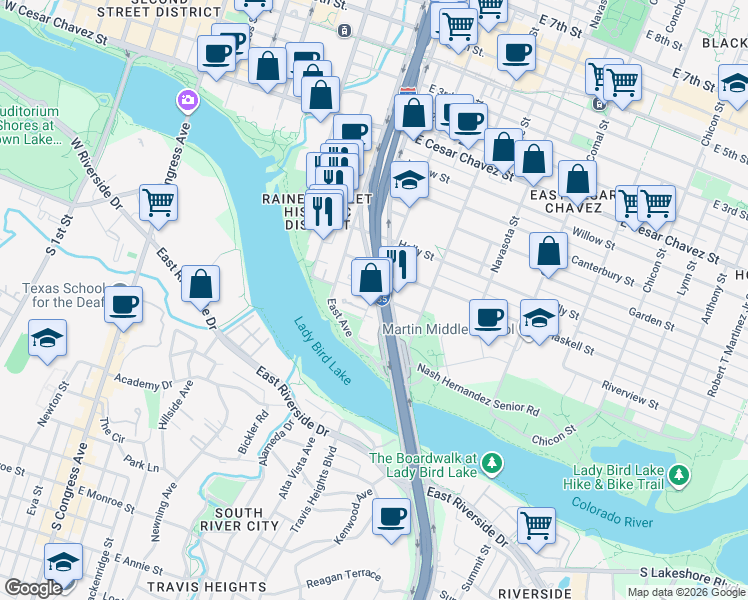 map of restaurants, bars, coffee shops, grocery stores, and more near 49 San Marcos Street in Austin