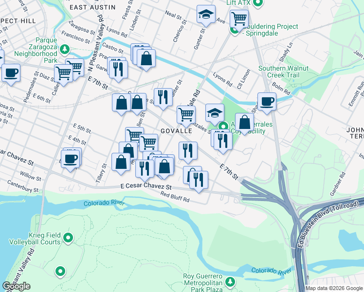 map of restaurants, bars, coffee shops, grocery stores, and more near 4711 East 7th Street in Austin