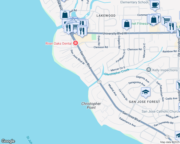 map of restaurants, bars, coffee shops, grocery stores, and more near 1873 Christopher Point Road North in Jacksonville