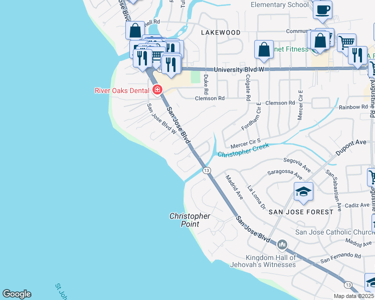 map of restaurants, bars, coffee shops, grocery stores, and more near 1873 Christopher Point Road North in Jacksonville