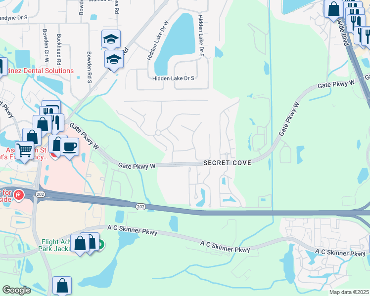 map of restaurants, bars, coffee shops, grocery stores, and more near 8341 Copperwood Lane in Jacksonville