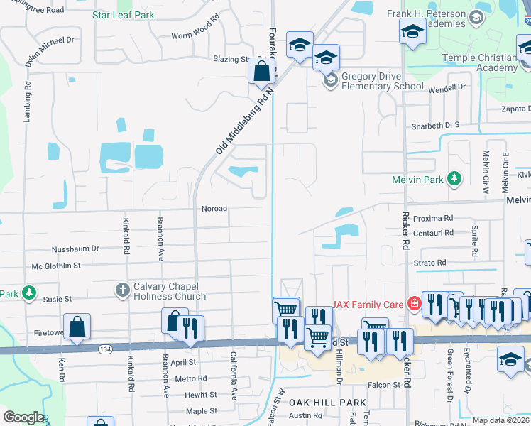 map of restaurants, bars, coffee shops, grocery stores, and more near 8004 Noroad in Jacksonville