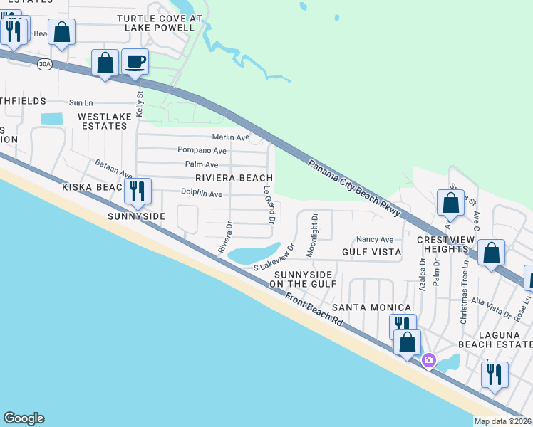 map of restaurants, bars, coffee shops, grocery stores, and more near 21311 Hilltop Ave in Panama City