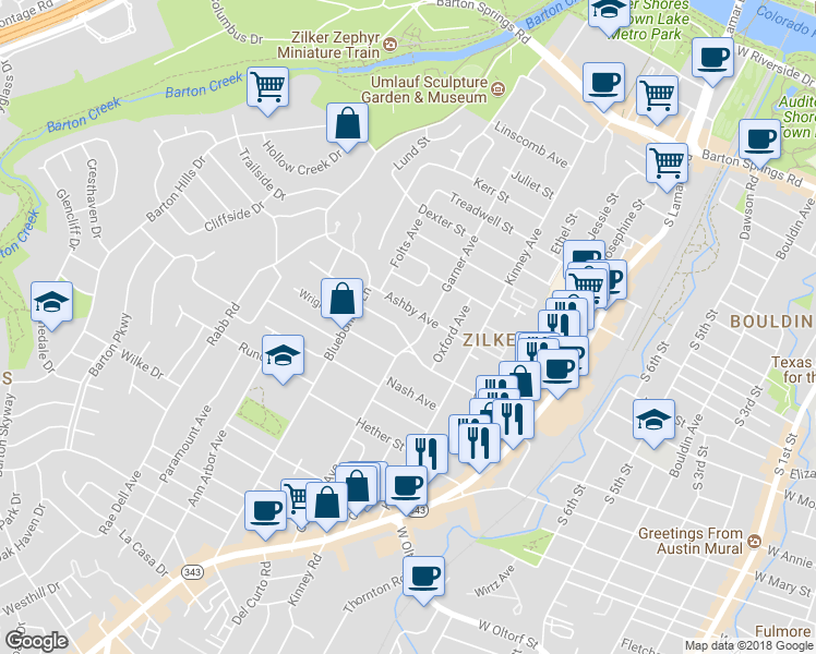 map of restaurants, bars, coffee shops, grocery stores, and more near 1804 Collier Street in Austin