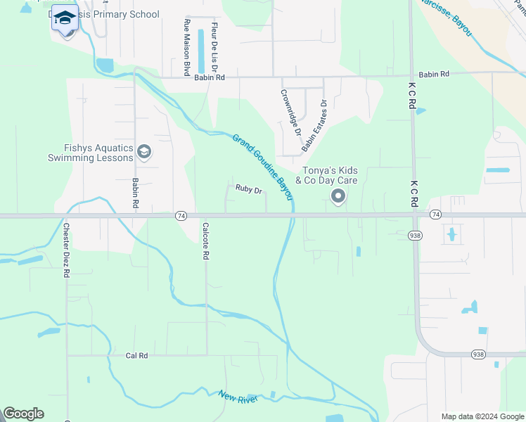 map of restaurants, bars, coffee shops, grocery stores, and more near 38522 Louisiana 74 in Gonzales