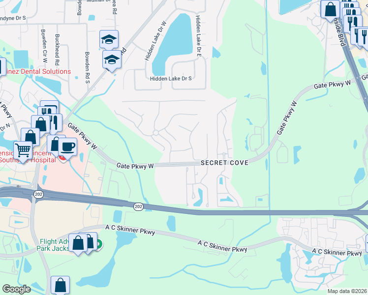 map of restaurants, bars, coffee shops, grocery stores, and more near 8341 Copperwood Lane in Jacksonville