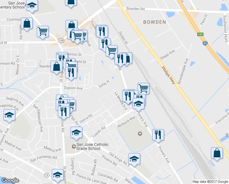 map of restaurants, bars, coffee shops, grocery stores, and more near 101 Powers Avenue in Jacksonville
