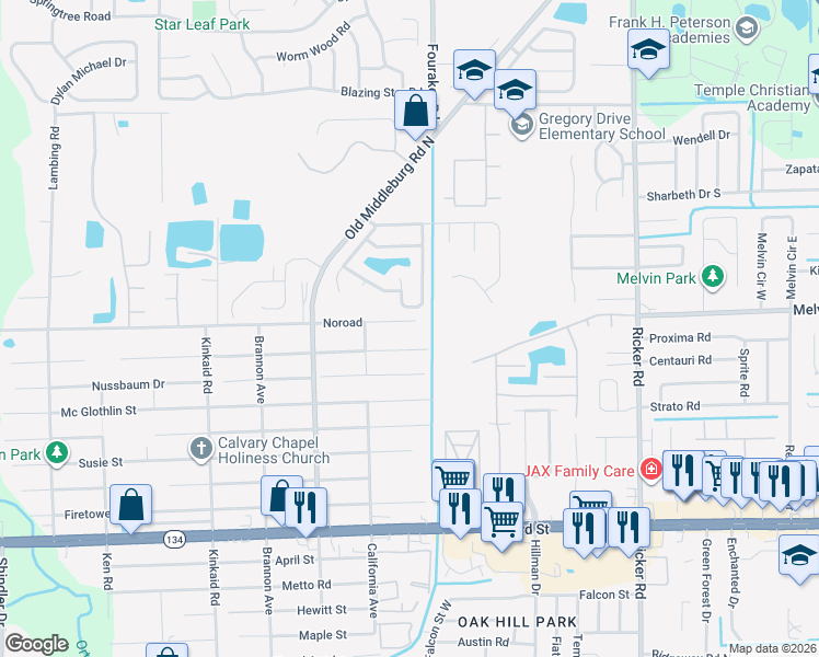 map of restaurants, bars, coffee shops, grocery stores, and more near 8004 Noroad in Jacksonville