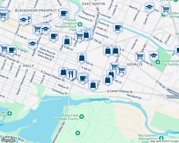 map of restaurants, bars, coffee shops, grocery stores, and more near 2907 East 4th Street in Austin