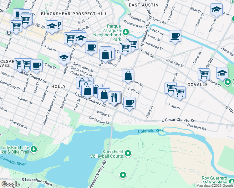 map of restaurants, bars, coffee shops, grocery stores, and more near 2705 East 3rd Street in Austin