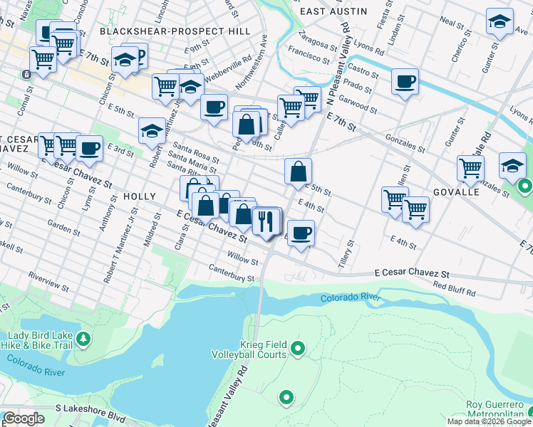 map of restaurants, bars, coffee shops, grocery stores, and more near 2705 East 3rd Street in Austin