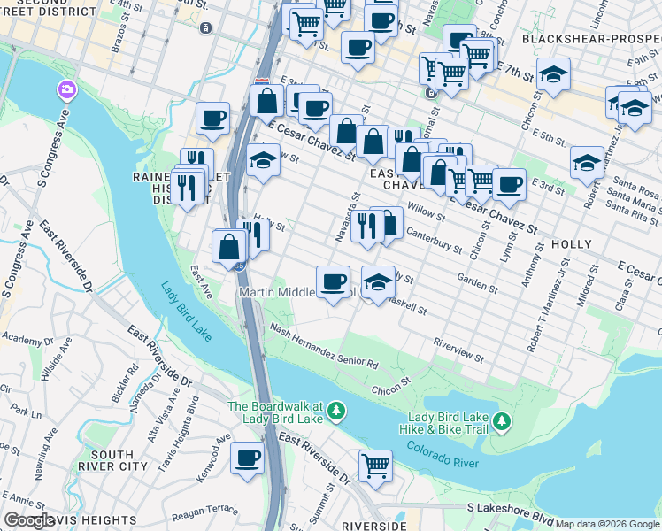 map of restaurants, bars, coffee shops, grocery stores, and more near 52 Navasota Street in Austin