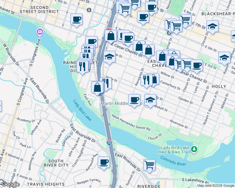 map of restaurants, bars, coffee shops, grocery stores, and more near 1207 Haskell Street in Austin