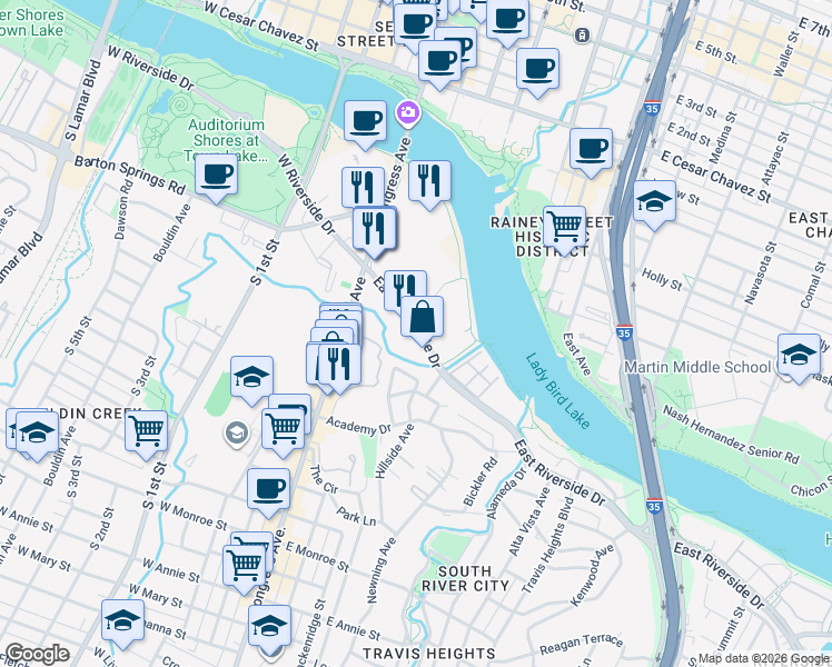 map of restaurants, bars, coffee shops, grocery stores, and more near 150-200 East Riverside Drive in Austin