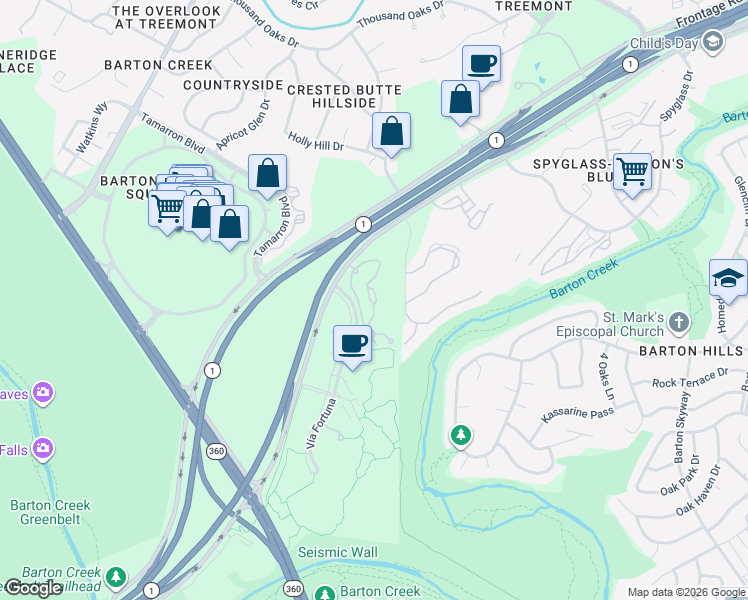 map of restaurants, bars, coffee shops, grocery stores, and more near 2301 South MoPac Expressway in Austin