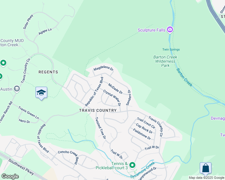 map of restaurants, bars, coffee shops, grocery stores, and more near 5117 McDade Drive in Austin