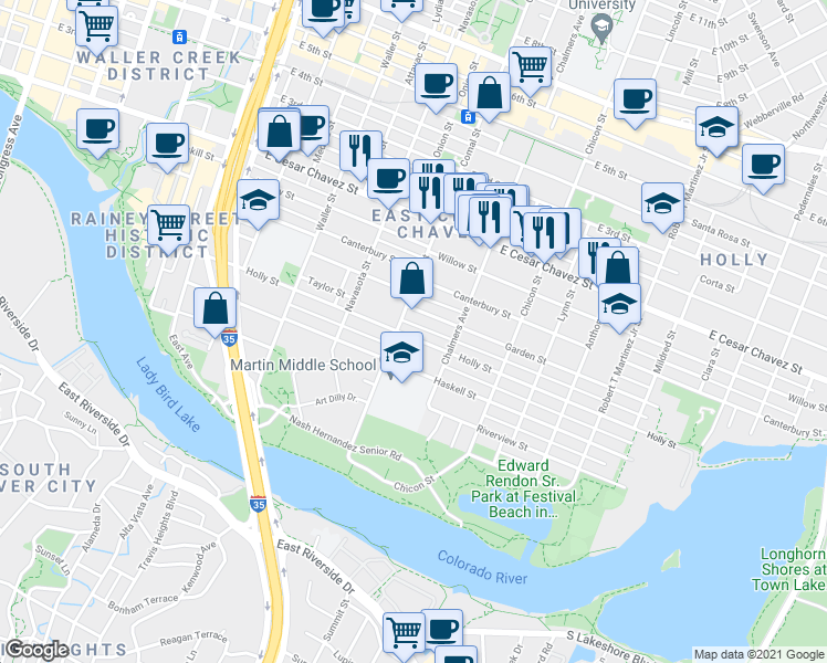 map of restaurants, bars, coffee shops, grocery stores, and more near 1606 Holly Street in Austin