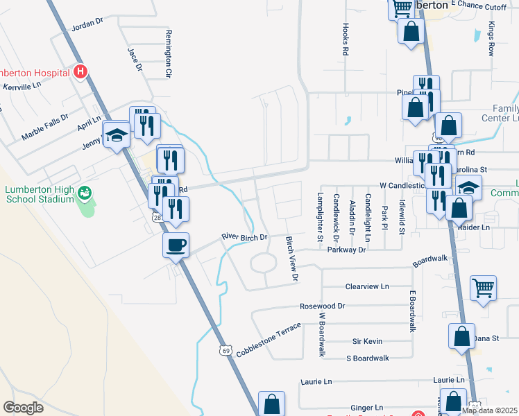 map of restaurants, bars, coffee shops, grocery stores, and more near Chaple Creek Drive in Lumberton