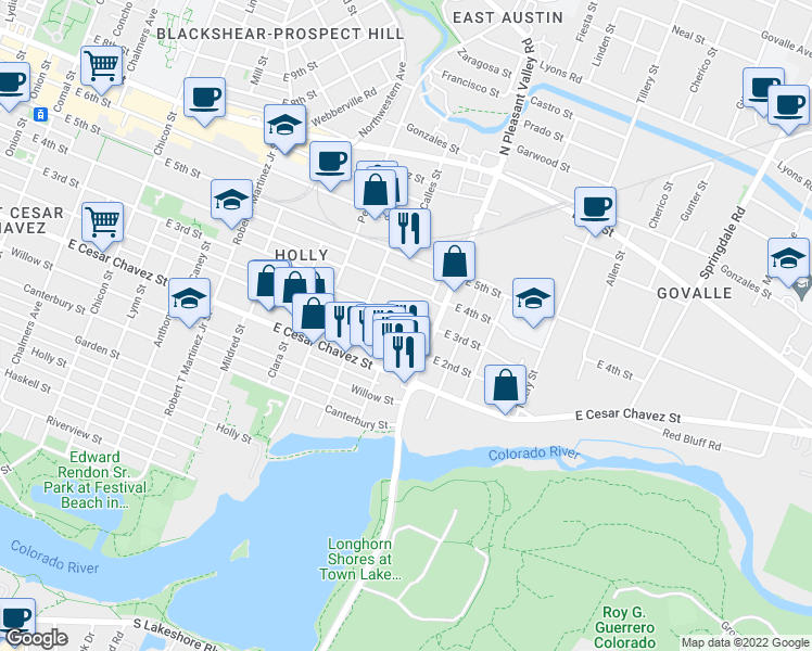 map of restaurants, bars, coffee shops, grocery stores, and more near 2705 East 3rd Street in Austin
