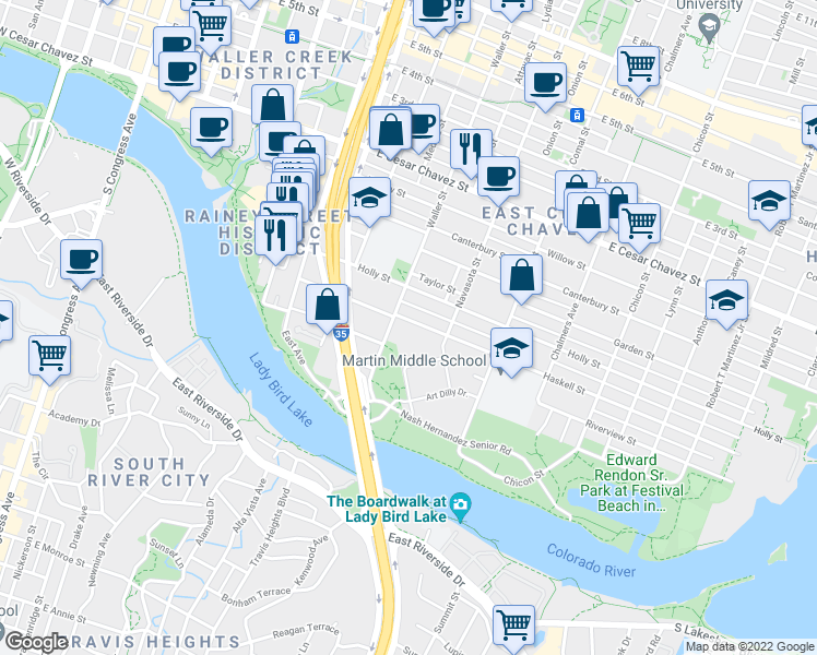 map of restaurants, bars, coffee shops, grocery stores, and more near 1207 Haskell Street in Austin