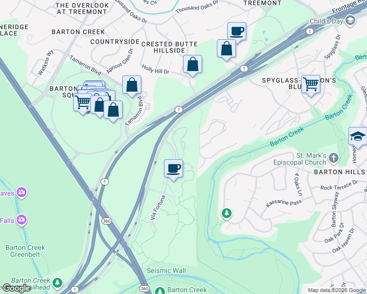 map of restaurants, bars, coffee shops, grocery stores, and more near 2301 South MoPac Expressway in Austin