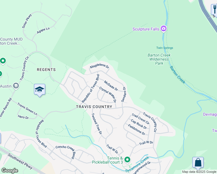 map of restaurants, bars, coffee shops, grocery stores, and more near 5117 McDade Drive in Austin