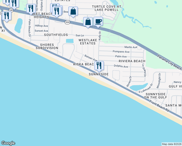 map of restaurants, bars, coffee shops, grocery stores, and more near 21929 Front Beach Road in Panama City Beach