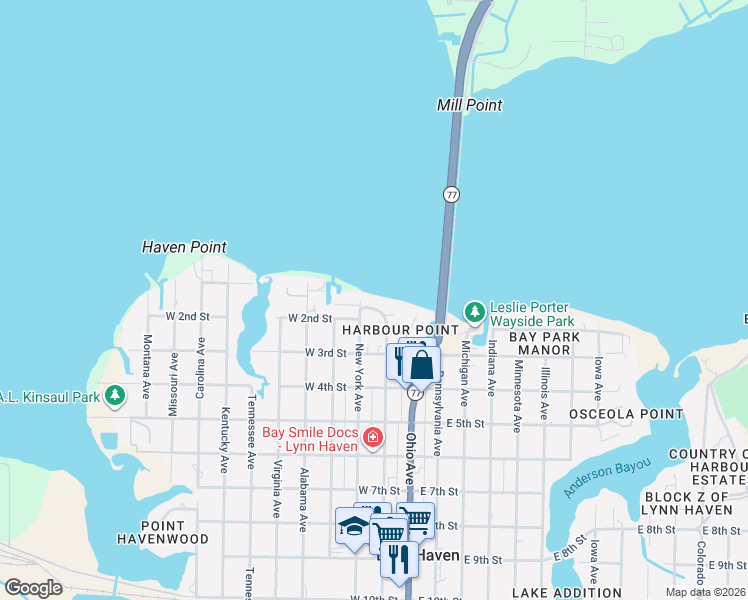 map of restaurants, bars, coffee shops, grocery stores, and more near 105 Florida Avenue in Lynn Haven