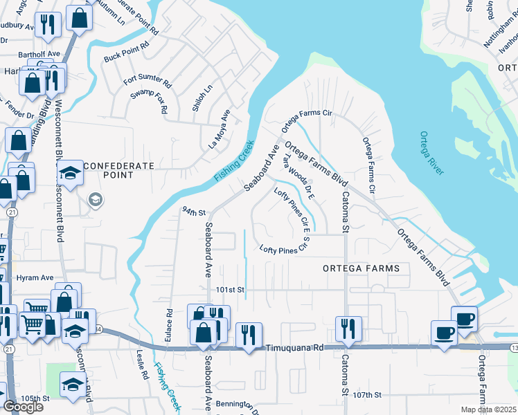 map of restaurants, bars, coffee shops, grocery stores, and more near 4873 Lofty Pines Circle West in Jacksonville