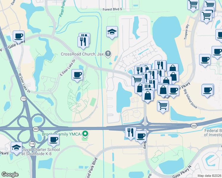 map of restaurants, bars, coffee shops, grocery stores, and more near 10000 Gate Parkway North in Jacksonville