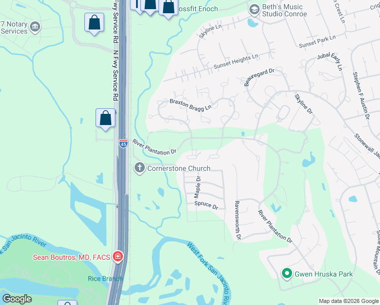 map of restaurants, bars, coffee shops, grocery stores, and more near 300 Tara Park in Conroe