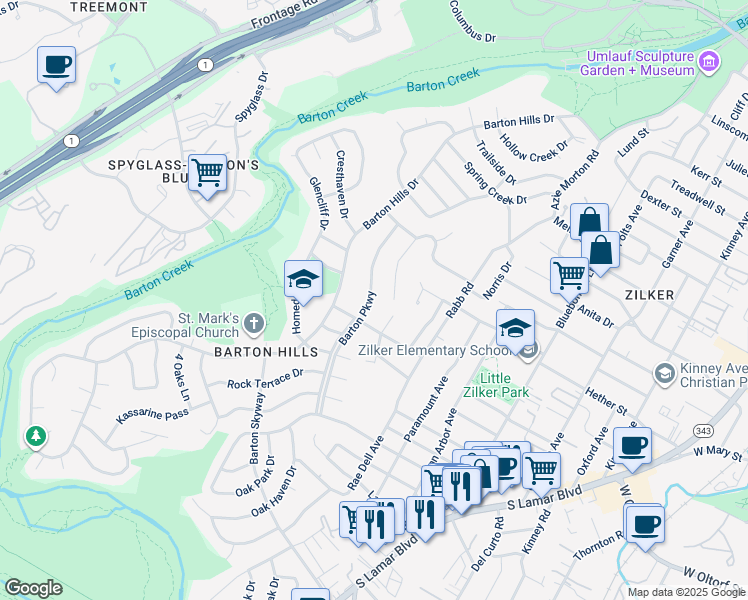 map of restaurants, bars, coffee shops, grocery stores, and more near 2005 Barton Parkway in Austin