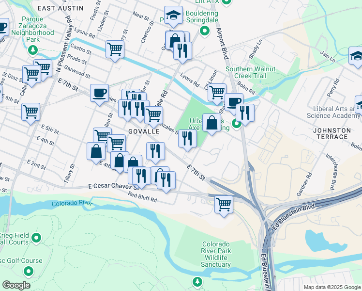 map of restaurants, bars, coffee shops, grocery stores, and more near 4819 Gonzales Street in Austin