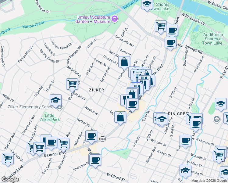 map of restaurants, bars, coffee shops, grocery stores, and more near 1305 Kinney Avenue in Austin