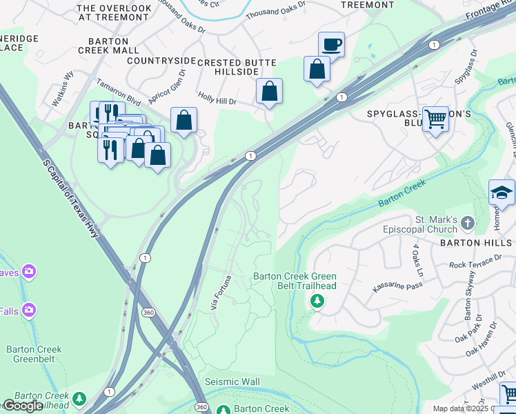 map of restaurants, bars, coffee shops, grocery stores, and more near 2301 South MoPac Expressway in Austin