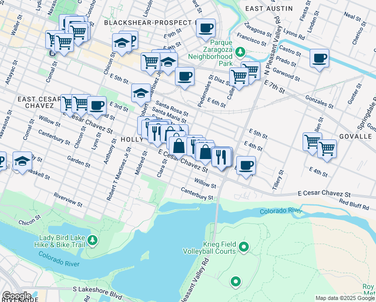 map of restaurants, bars, coffee shops, grocery stores, and more near 2505 East 2nd Street in Austin